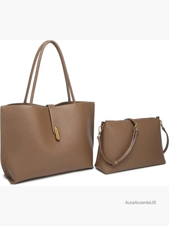 Handbags - Large Vegan Leather Tote Bag with Removable Pouch, 2-in-1 Work & Travel